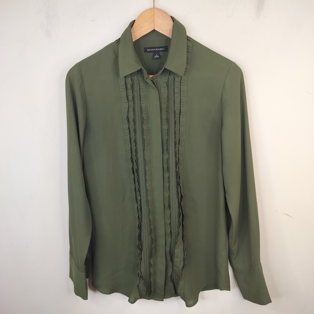 Banana Republic Button Down Blouse Small Pleated Ruffle Professional Olive